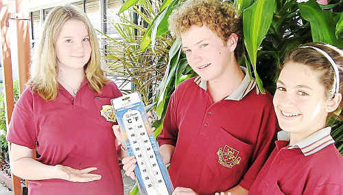 Gympie State High students Louise Lindsley-McCubbin, Jake Hill and Steph Grima check the temperature in the school grounds. Gympie State High students Louise Lindsley-McCubbin, Jake Hill and Steph Grima check the temperature in the school grounds.